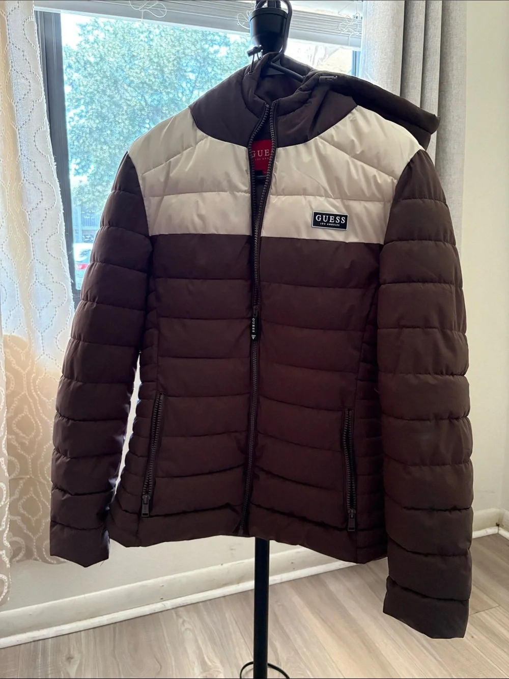 GUESS Brown and Cream Quilted Puffer Jacket